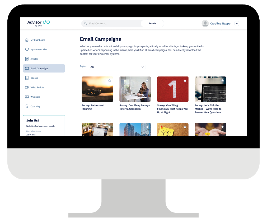 Advisor I/O content platform on desktop monitor.