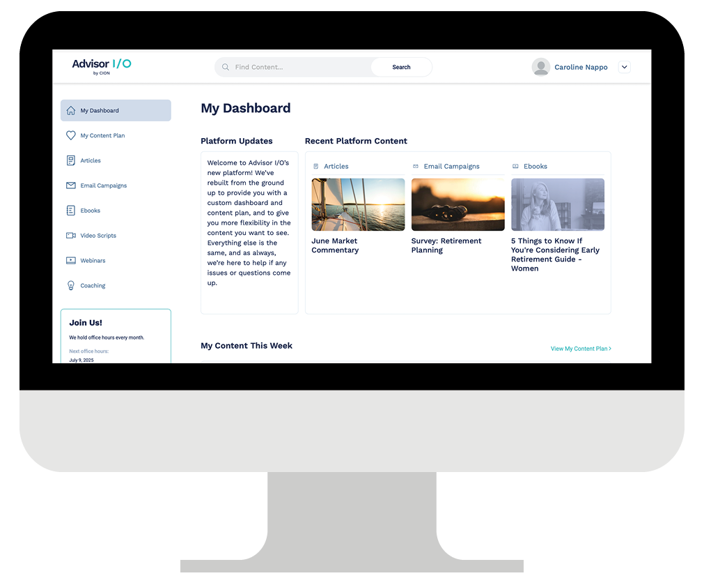 Advisor I/O content platform on desktop monitor