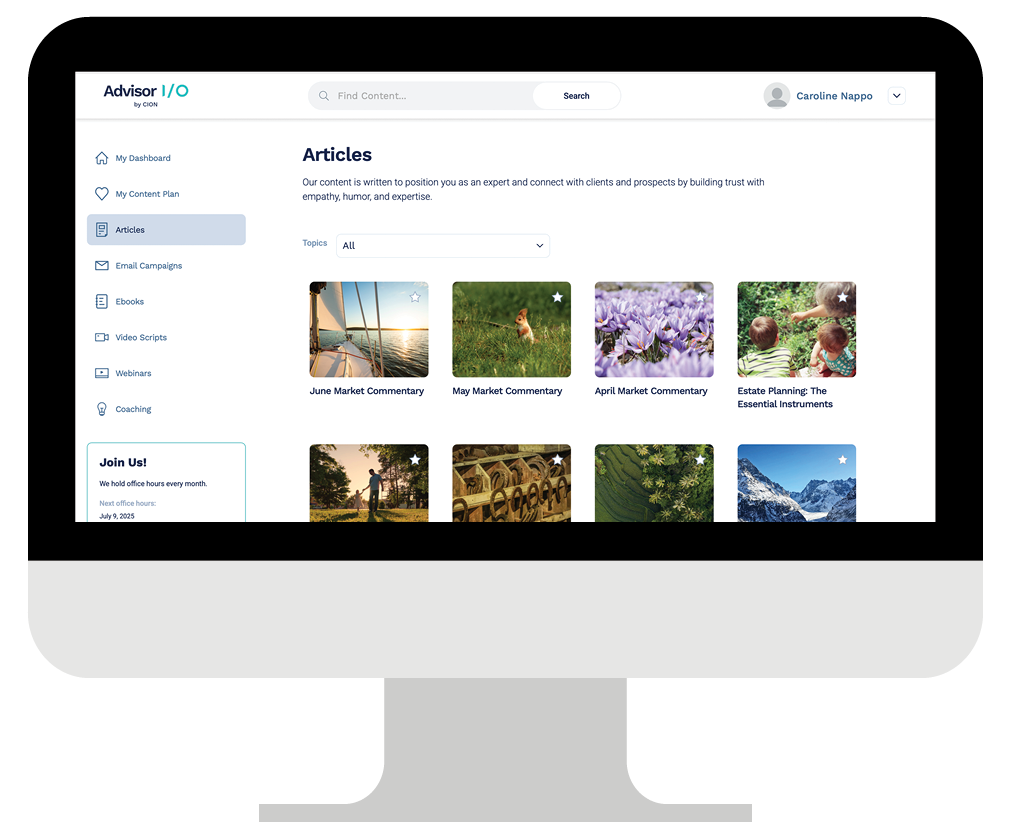 Advisor I/O Articles content platform on desktop monitor.