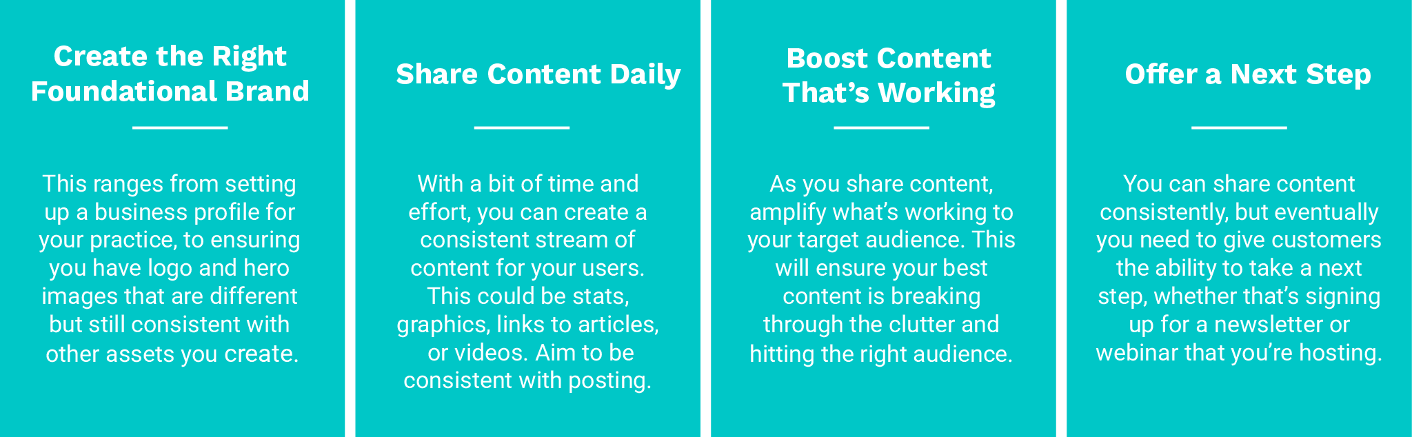 Four ways to maintain an audience: Create the Right Foundational Brand, Share Content Daily, Boost Content That's Working, Offer a Next Step.